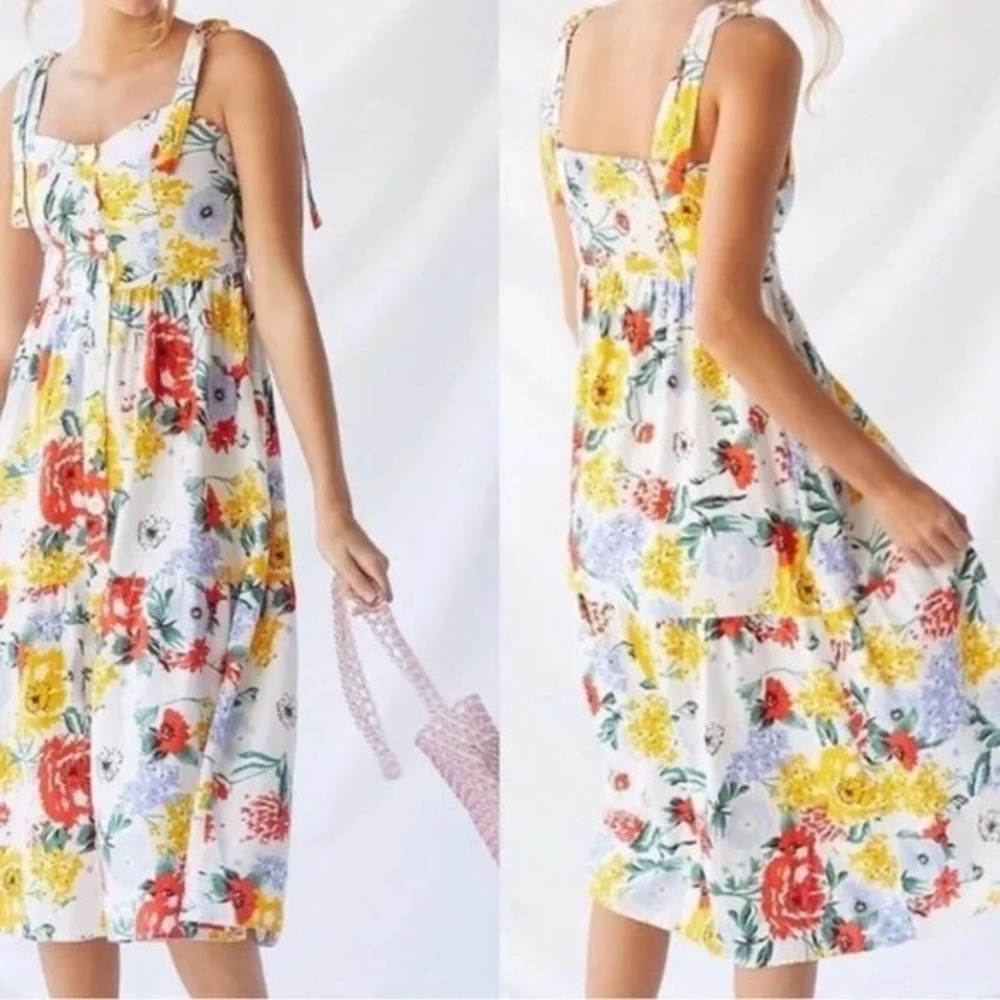 Urban Outfitters Positano Linen Tie-Shoulder Midi Dress Multicolor Floral